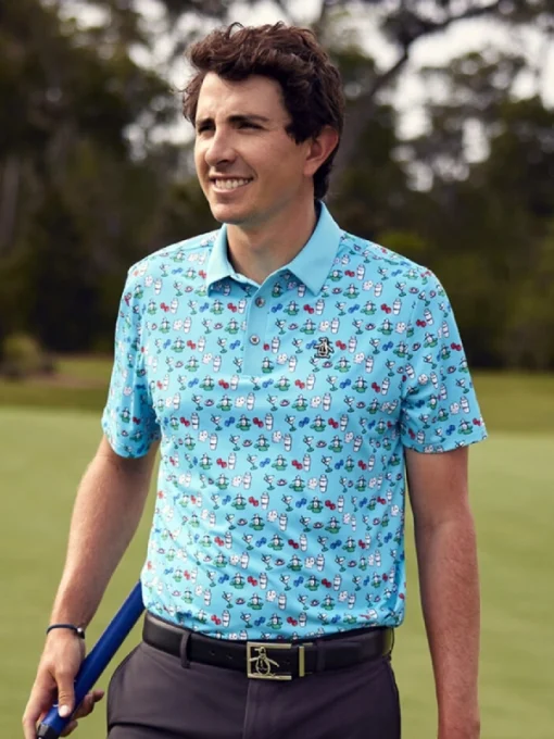 U.S. Open 2024 Penguin Golf Player Print Polo Blue Shirt