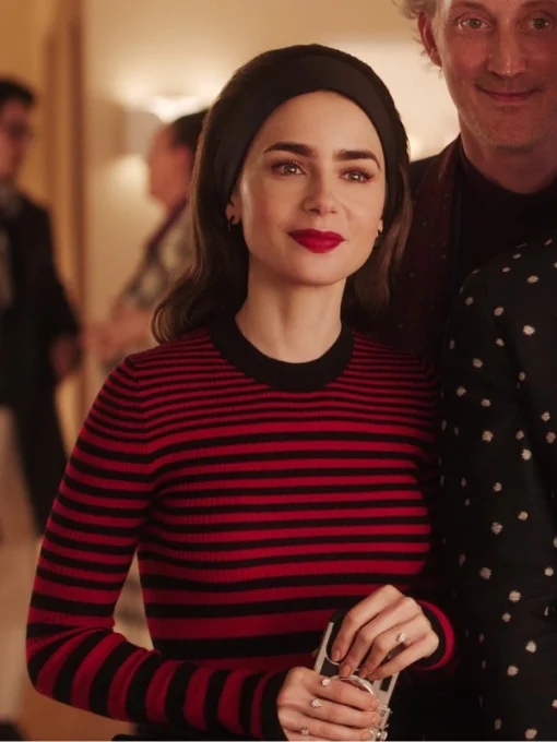 Emily In Paris S04 Lily Collins Black And Red Striped Sweater