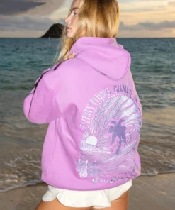 Pink Palm Puff Everything Comes In Waves Purple Hoodie