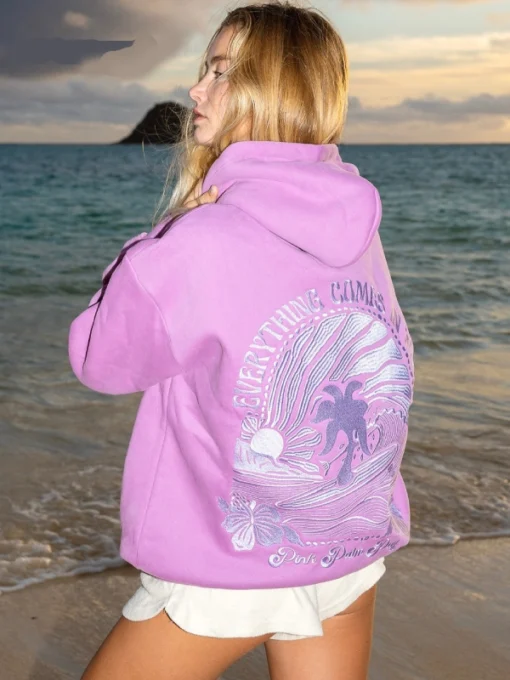 Pink Palm Puff Everything Comes In Waves Purple Hoodie